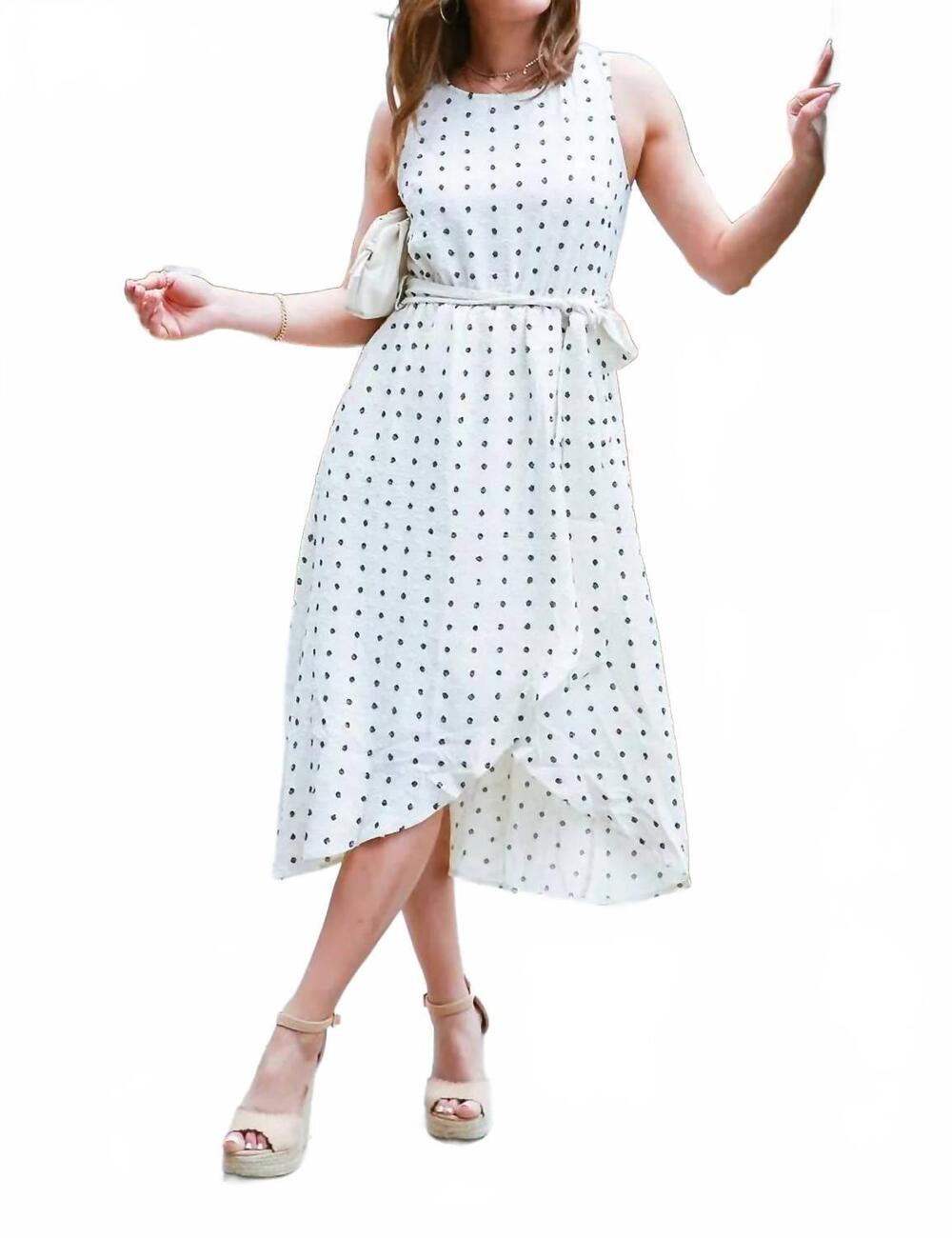 NEW AMARYLLIS sleeveless crew neck clip dot tulip hem midi dress in white